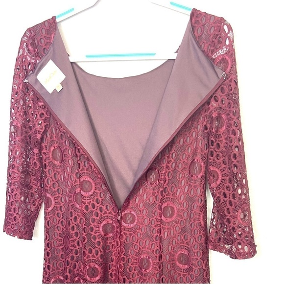 ModCloth Dress Cranberry Burgundy Floral Lace Overlay Lined Long Sleeves - Picture 2 of 11